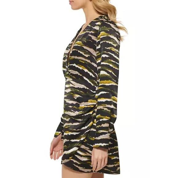 DKNY Abstract Faux Wrap Mini Satin Sheath Dress Green Camo Size 12 - Picture 7 of 10